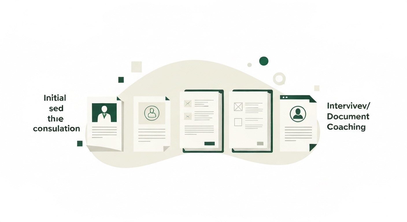 대입 수시 컨설팅이 진행되는 네 가지 체계적인 과정을 단계별 아이콘으로 표현한 모습