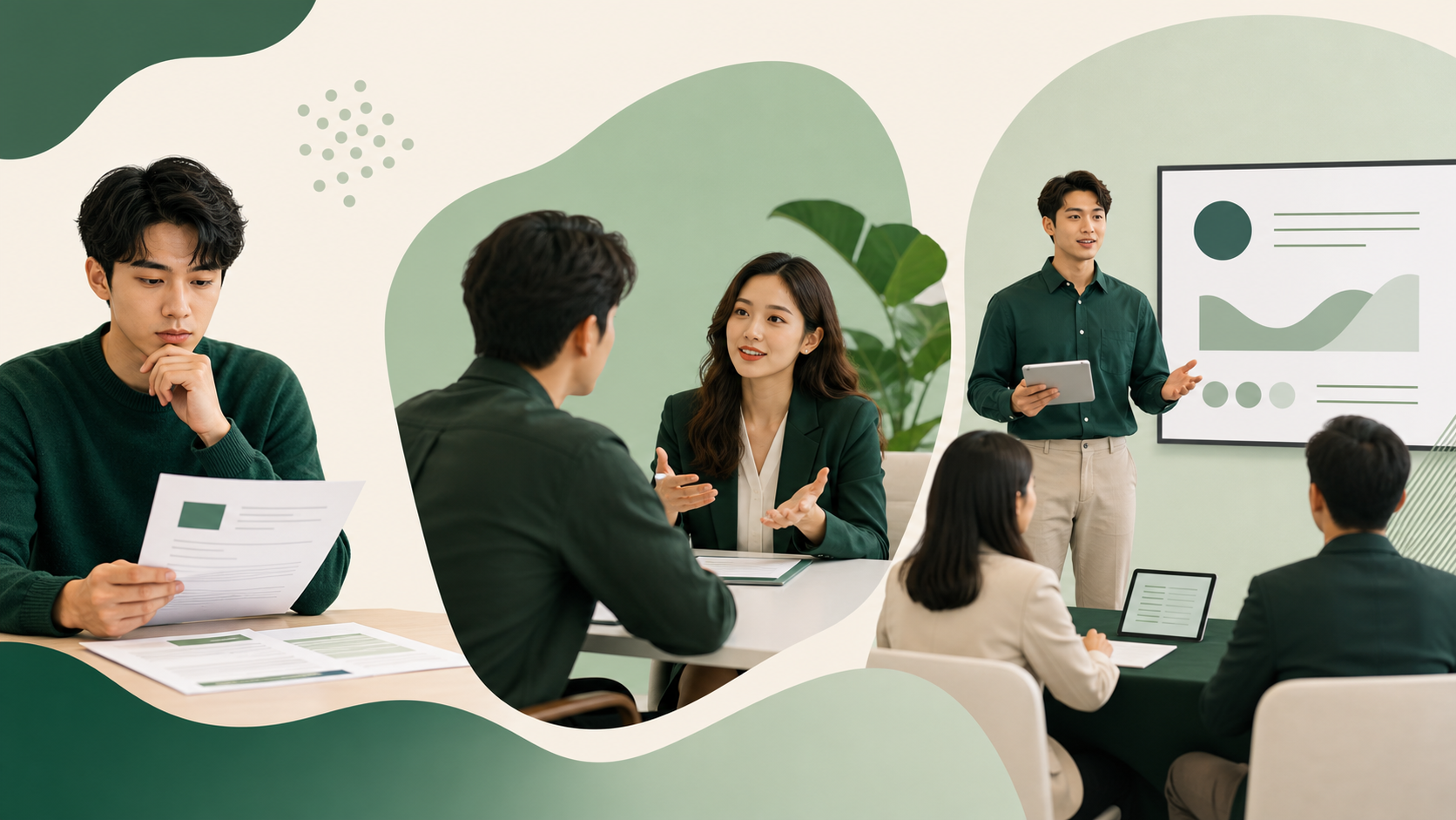 세 가지 면접 유형을 상징하는 장면: 제시문을 분석하는 학생, 면접관과 대화하는 학생, 발표하는 학생의 모습